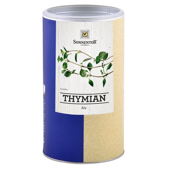 Photo of a big jumbo spice tin of thyme cut. On the tin you can see fresh thyme.