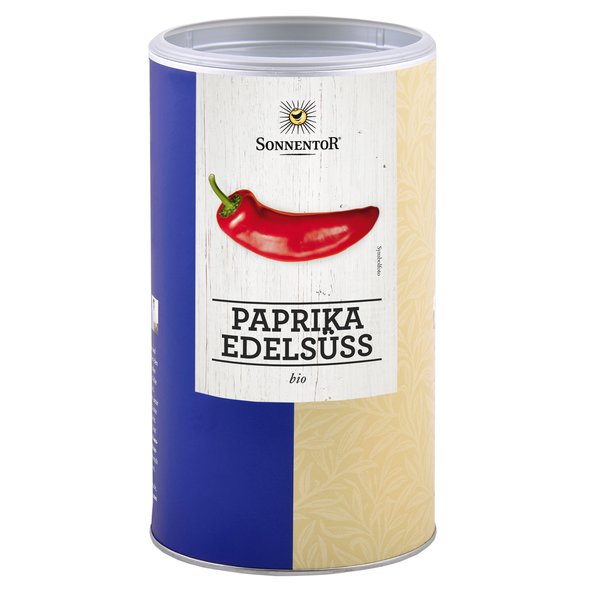 A photo of a big jumbo spice tin of Paprika sweet. On the tin you can see a pepper.