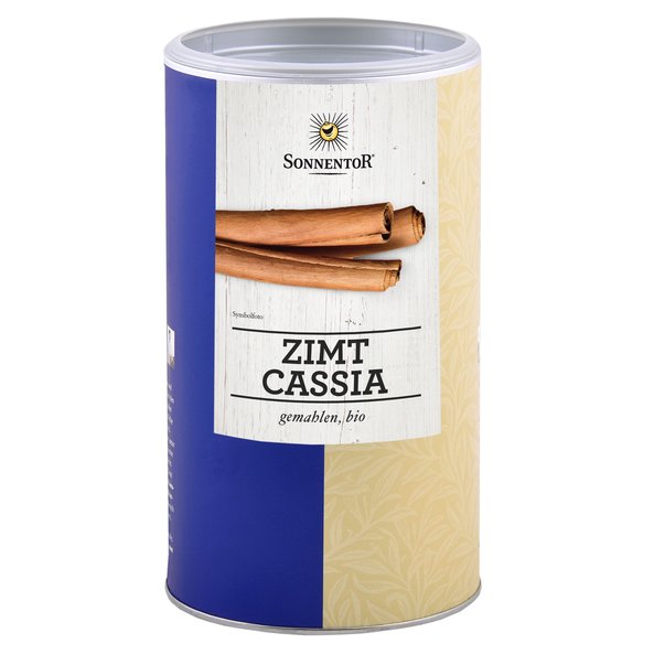 Photo of a big jumbo spice tin Cinnamon Cassia ground. On the tin are cinnamon sticks depicted .