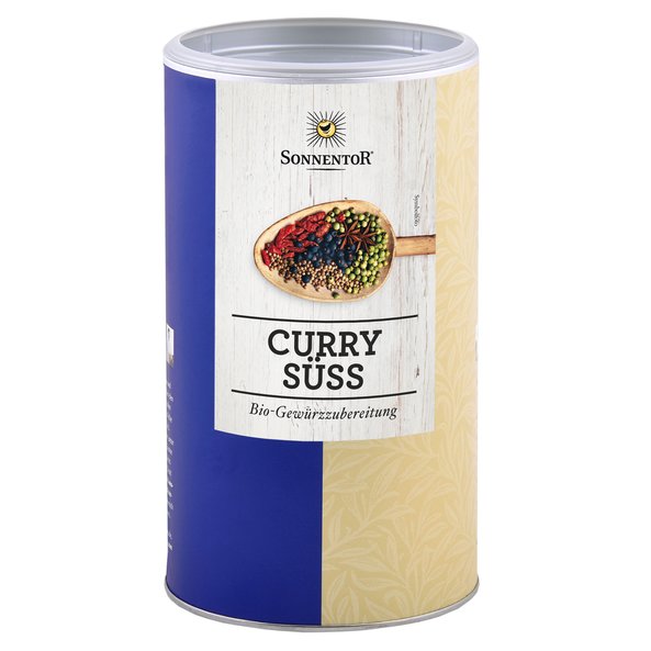 Ein Foto von einer großen Gastrodose Curry süß. Auf der Dose ist ein Holzlöffel mit vielen Gewürzen darauf abgebildet.
