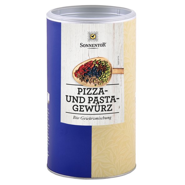 Photo of a big jumbo spice tin of pizza and pasta seasoning. On the tin is a wooden spoon with colorful spices depicted.