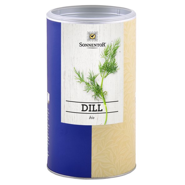 A picture of a big jumbo spice tin dill cut. On it is depicted dill.