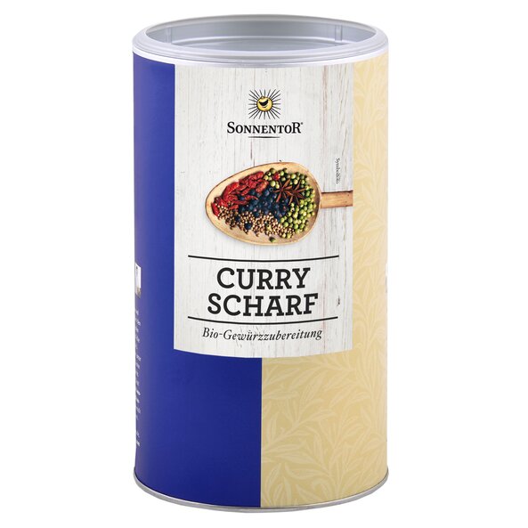 Foto einer großen Gastrodose Curry scharf. Auf der Dose ist ein Löffel mit bunten Gewürzen darauf abgebildet.