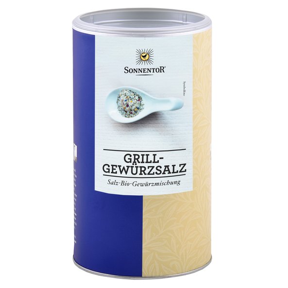 A photo of a big jumbo spice tin Grill Seasoning. On it is a wooden spoon with colorful salt.