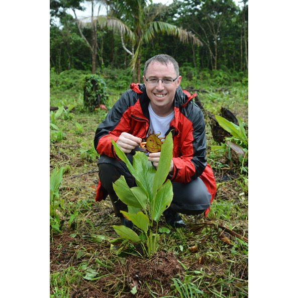 A photo of a man in Nicaragua in front of a turmeric plant.