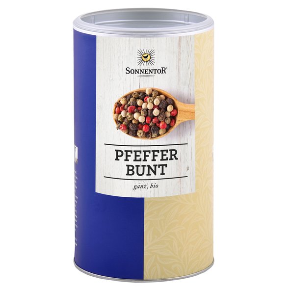 On the big jumbo spice tin of pepper Mix whole is a wooden spoon with colored pepper depicted.