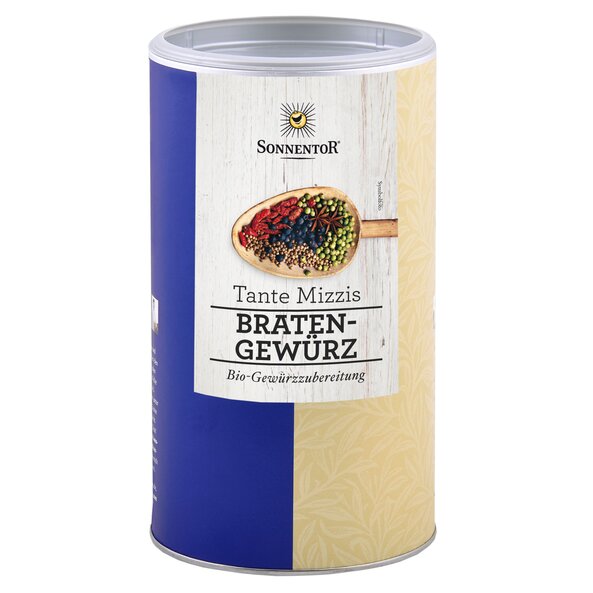 Photo of a big jumbo spice tin Aunt Mizzi's roast spice. On the tin is a wooden spoon with colorful spices.