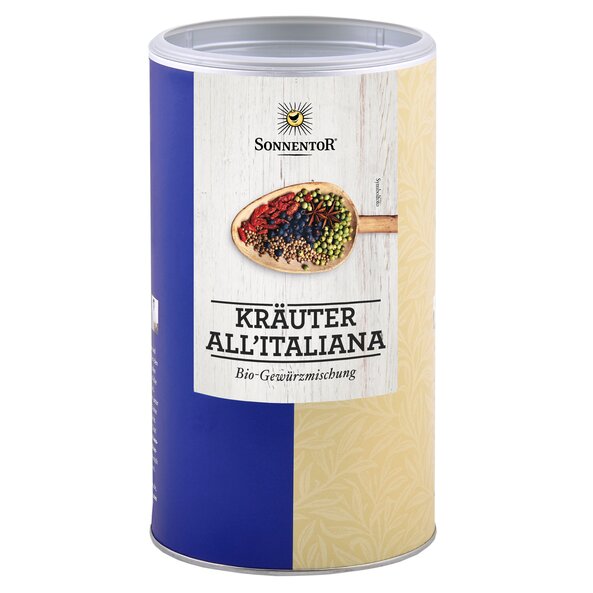 Ein Foto einer großen Gastrodose Kräuter all'Italiana geschnitten. Darauf ist ein Holzlöffel mit bunten Gewürzen abgebildet.