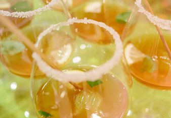 Auf dem Foto sieht man mehrere Gläser Zitronenkuss-Cocktail. Die Gläser sind mit einem Zuckerrand verfeinert. | © SONNENTOR